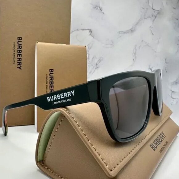 Burberry Sunglasses Black Polarized Square White Logo Solid Checkere - Picture 8 of 9